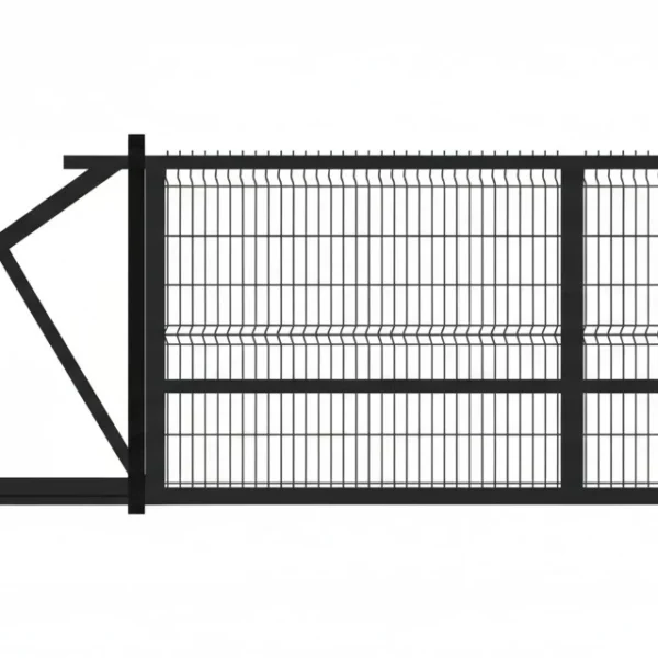 Brama panelowa przesuwna 140x400 lewa, zamontowana na podjeździe, wyposażona w napęd i wypełniona panelem ogrodzeniowym 3D.