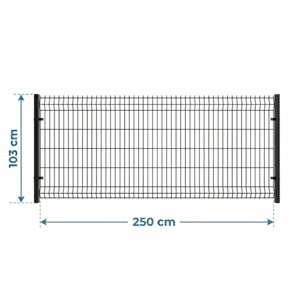 Gotowy komplet ogrodzenia panelowego 3D o wysokości 103 cm z grubego drutu 5 mm. Zamontowany bezpośrednio nad ziemią, bez podmurówki betonowej.