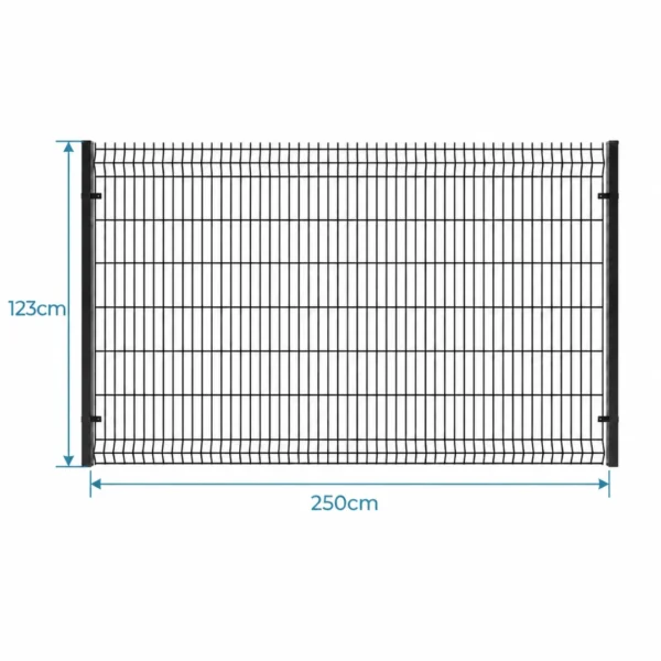 Komplet ogrodzenia panelowego 3D o wysokości 123 cm, drut 4 mm. W zestawie panel, słupek 200 cm, 2 obejmy montażowe i czarna nasadka.