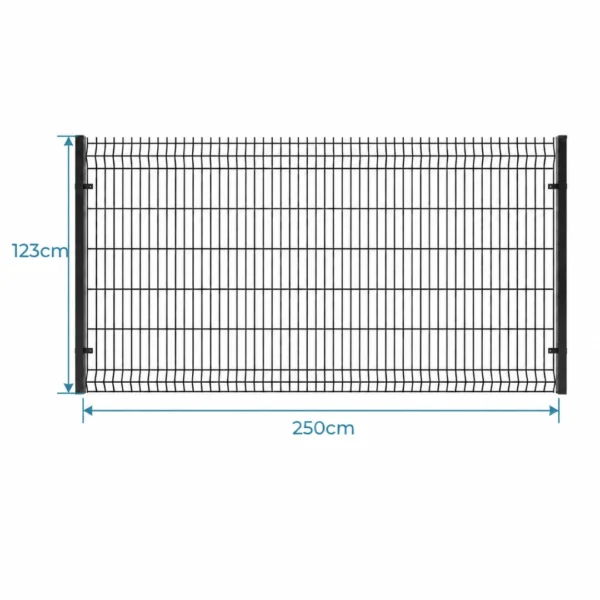 Pancerne ogrodzenie panelowe 3D o wysokości 123 cm. Zestaw z drutem 5 mm, słupek 6x4x200 cm, 2 obejmy oraz czarna nasadka PE.