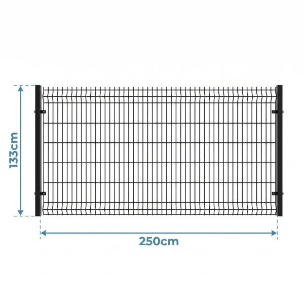 Komplet ogrodzenia panelowego 3D 133 cm fi5 mm w kolorze antracyt, zamontowany bezpośrednio nad trawnikiem bez podmurówki betonowej.