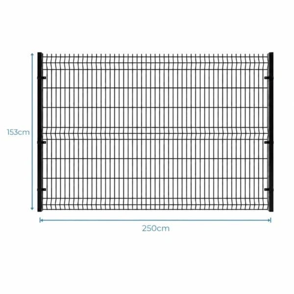 Komplet ogrodzenia panelowego 3D o wysokości 153 cm, gruby drut 5 mm. W zestawie panel, słupek 200 cm, 3 obejmy i czarna nasadka.