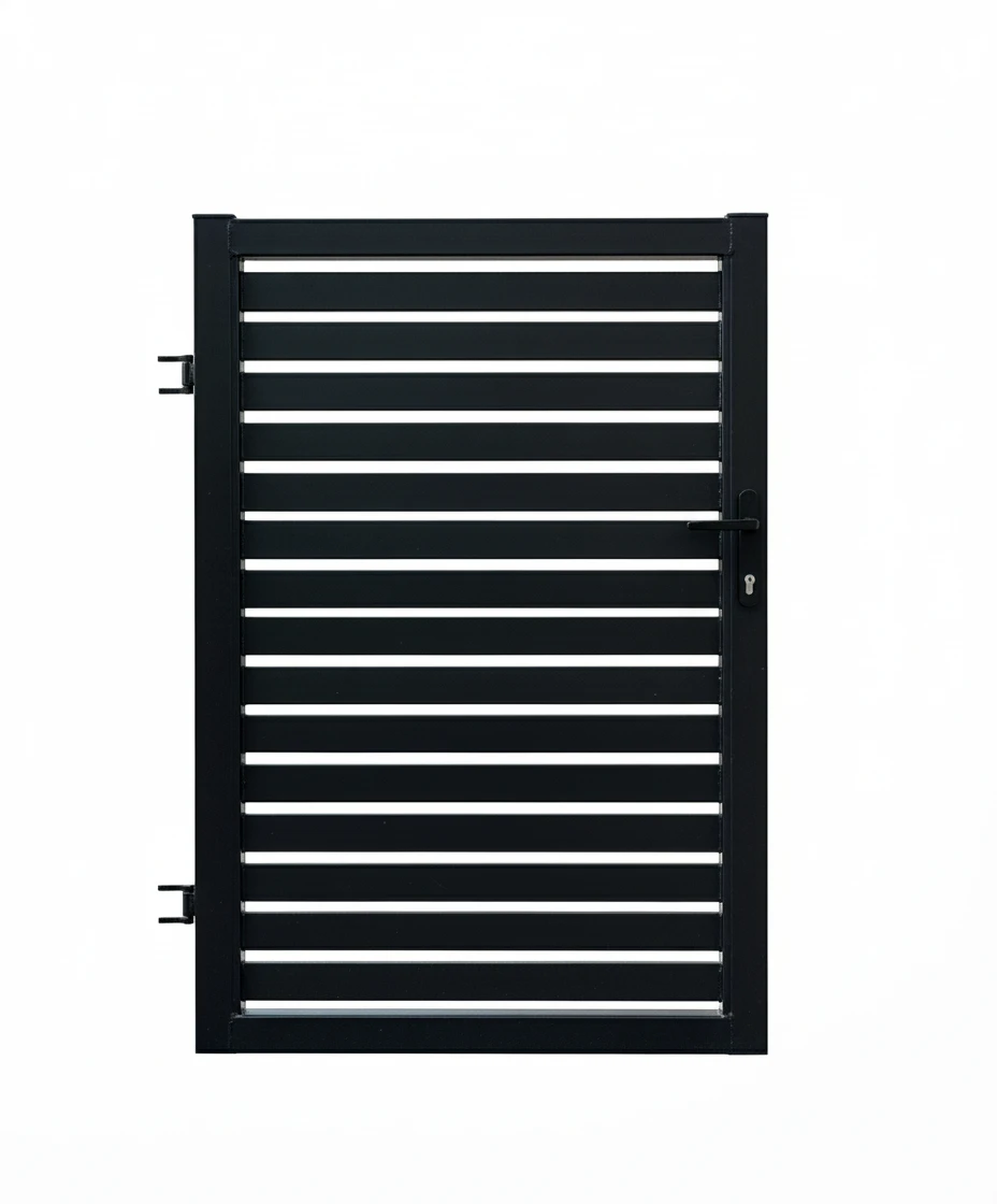 Nowoczesna furtka na wymiar Forte wykonana z poziomych profili 80x20 mm w kolorze antracytowym RAL 7016.