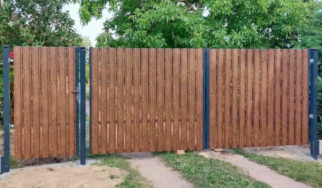 Brama dwuskrzydłowa i furtka ze sztachet metalowych w kolorze drewnopodobnym na grafitowych słupkach