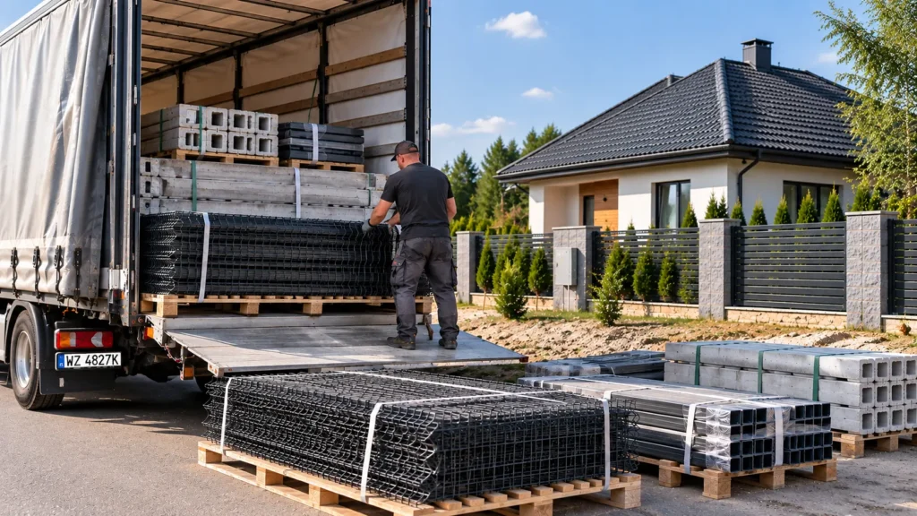 Komplet ogrodzenia panelowego 3D przygotowany do transportu